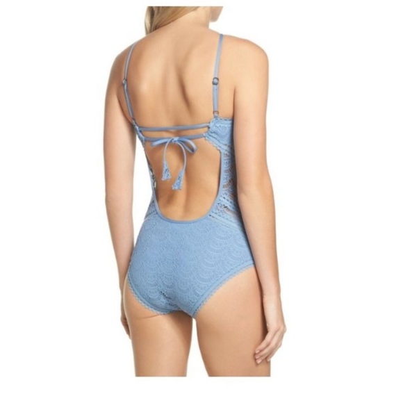 Becca by Rebecca Virtue periwinkle blue crochet halter tie one piece swimsuit π©΅ - Picture 16 of 16